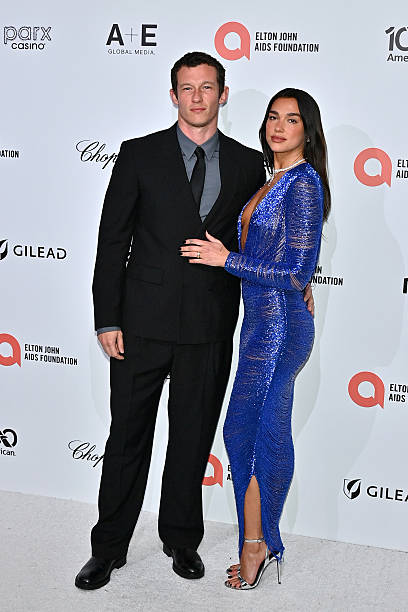 Callum Turner and Dua Lipa attend Elton John AIDS Foundation's 34th Annual Academy Awards Viewing Party on March 15, ...