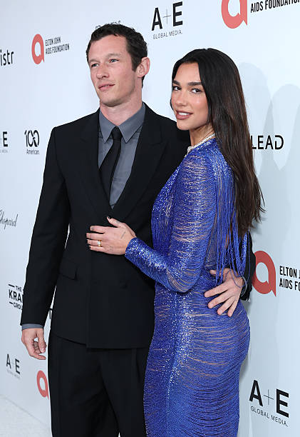 Callum Turner and Dua Lipa attend Elton John AIDS Foundation's 34th Annual Academy Awards Viewing Party on March 15, ...