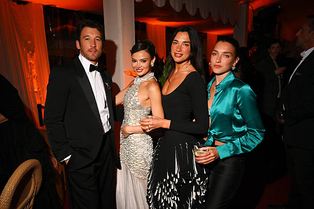 Miles Teller, Keleigh Sperry, Dua Lipa and Rina Lipa attend the "Paper Tiger" After Party presented by Patron during ...